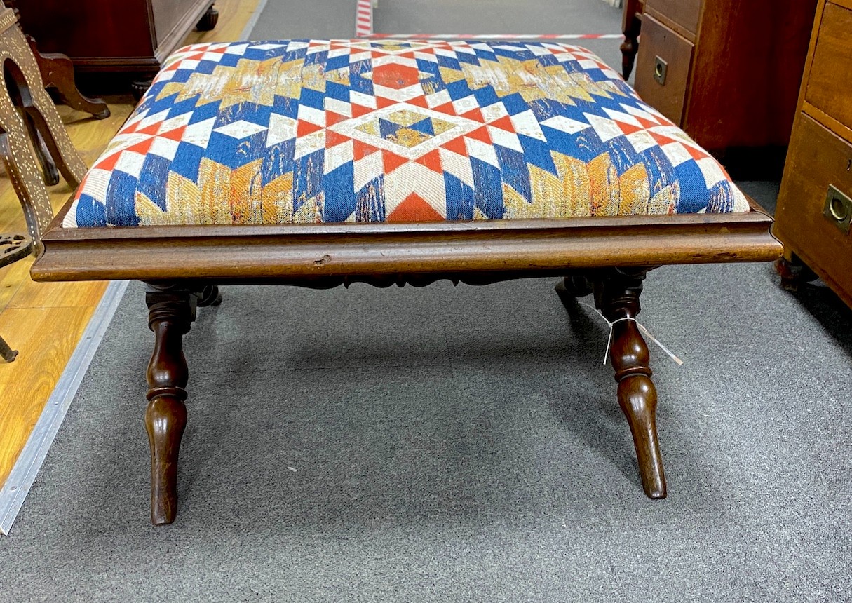 A Victorian turned mahogany X frame dressing stool with upholstered kelim style fabric drop in seat, width 65cm, depth 65cm, height 39cm